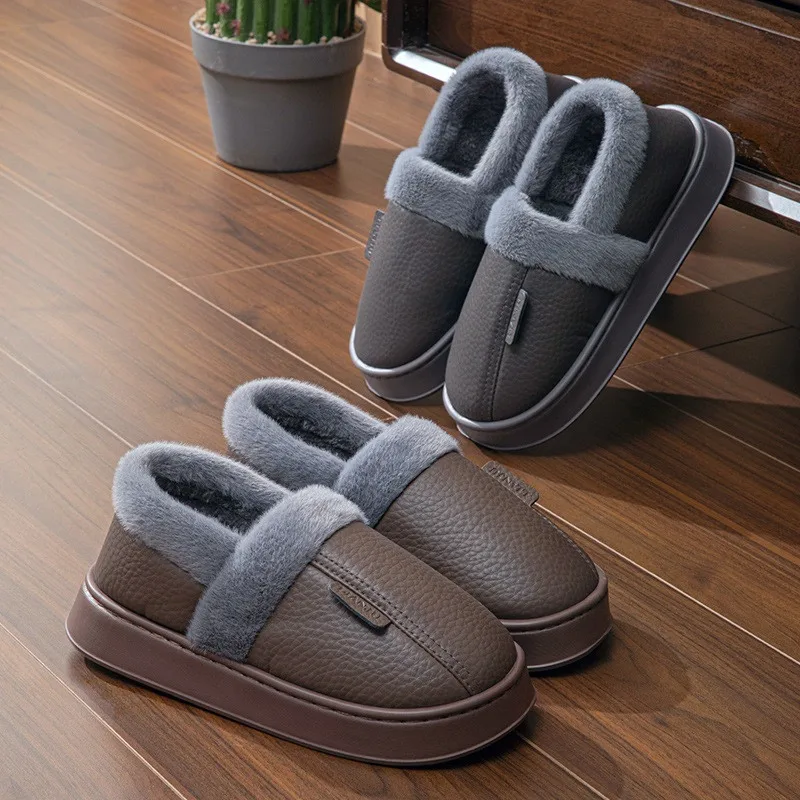 Big Size Men Winter Slippers Home Warm Shoes Platform Slides Waterproof PU Leather Couples Outdoor Non-Slip Furry Plush Flats