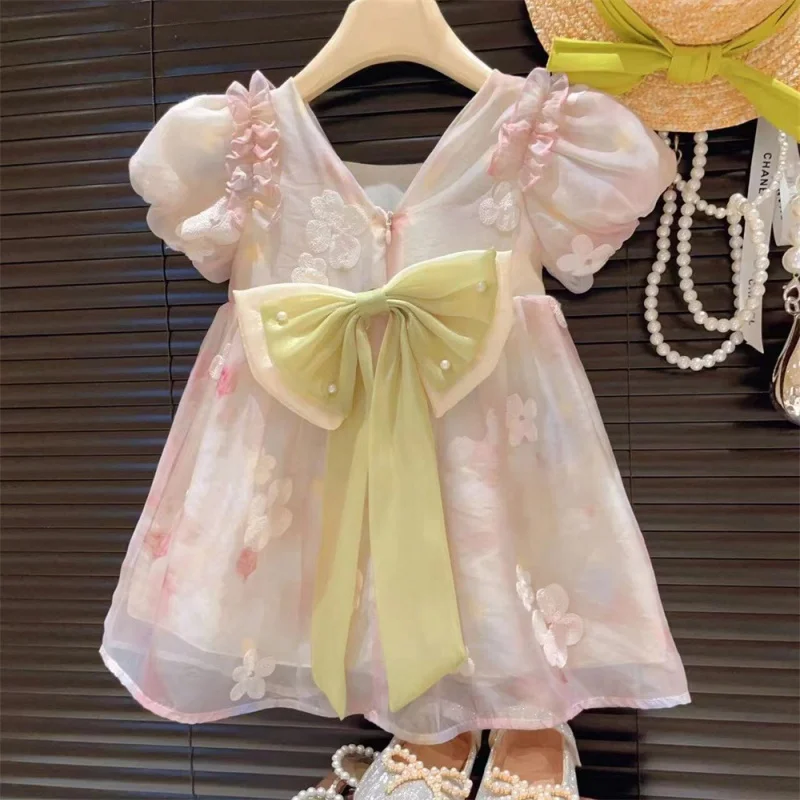 

New Girls' Big Bow French Style Bubble Sleeve Flower Embroidered Square Collar Princess Dress2024Summer Dress-WSNY