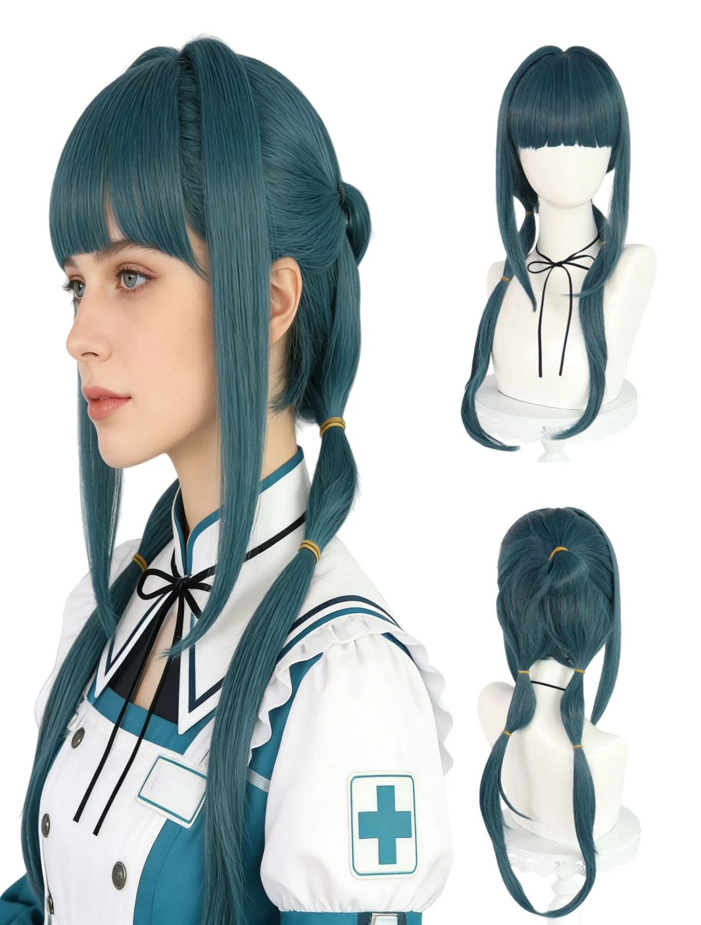 

Teal Wig Bluish Green Cosplay Wig for Women Medium Length Blue Green Wigs with Bangs Synthetic Bluish Green Wigs