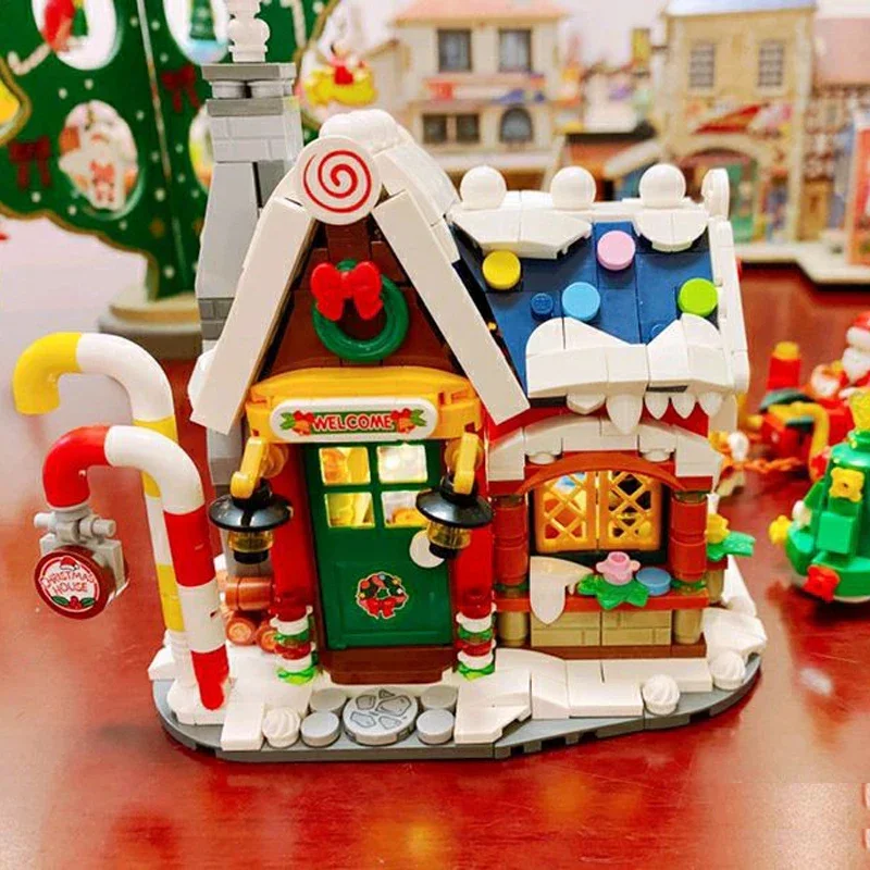 Mini Building Block Christmas House Set DIY City Street View House Sleigh Assembled Ornaments Children\'s Educational Toy Gift