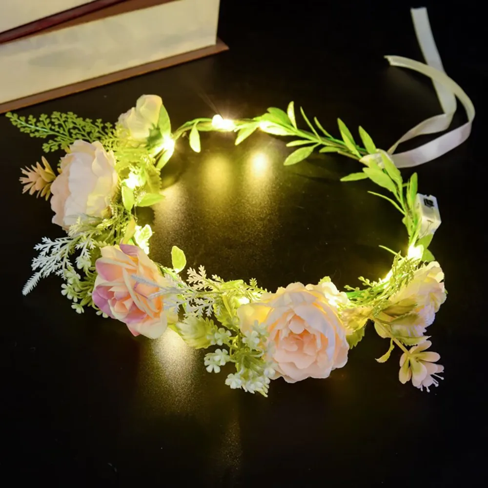 

Exquisite Simulation Rose Flower Flower Crown Hairband Glowing Luminous Wreath Headband Flora Tiara LED Light Garland Bride