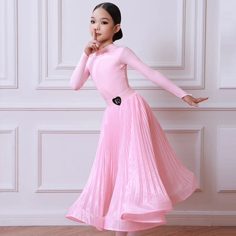 High-end dança de salão profissional vestido meninas rosa mangas compridas dança latina desempenho traje crianças palco wear sl14010