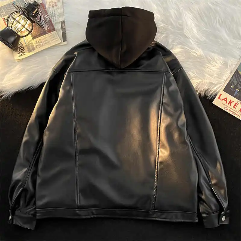 Autumn/Winter Leather Jacket Women's Loose American Fake Two Piece PU Leather Jacket High Street Casual Motorcycle Top