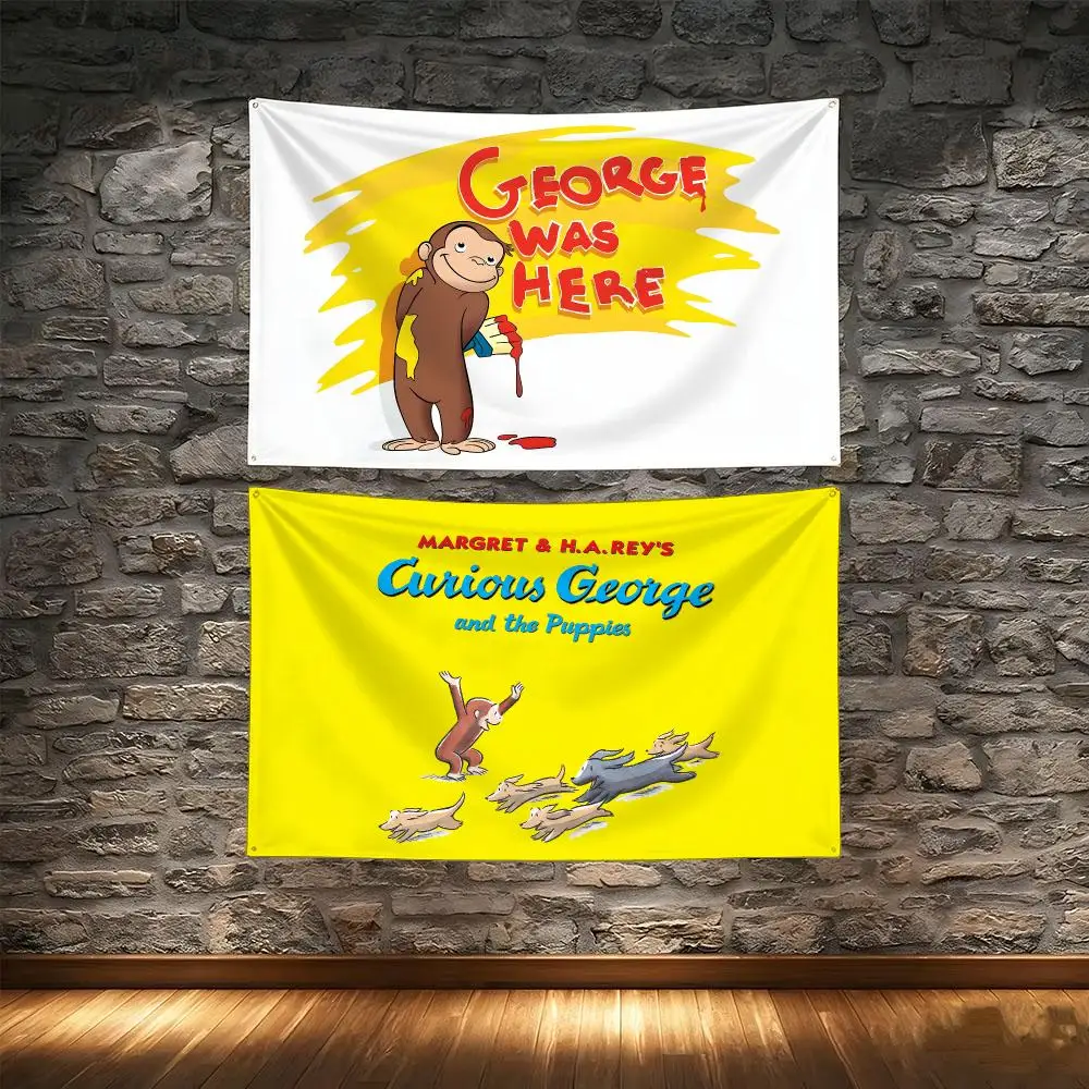 C-Curious George and the Puppies Flags Tapestry Creative Pattern Photo Living Room Wall Art Party Outdoor Decor