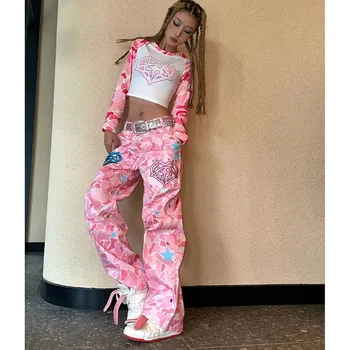 GuochaoHeavy Lndustry 핑크 카모 자수 스트레이트 청바지 여성 디자인 감각 작은 섹시한 여자 힙합 튀김 거리 와이드 레그팬츠