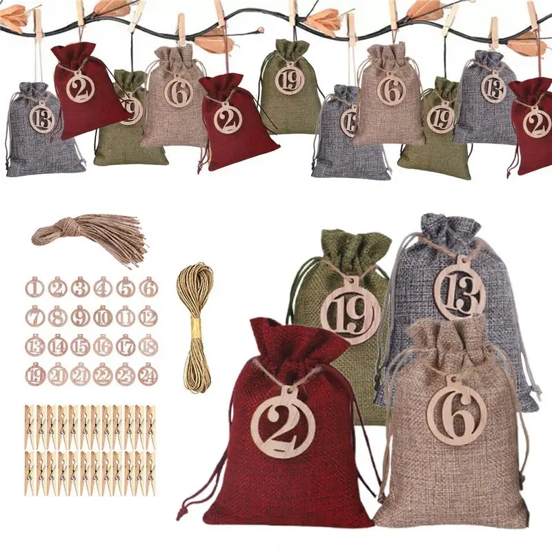 2024 New Arrival Christmas Advent Calendar Bags with Paper Sticker Reusable Drawstring Candies Cookies Gifts Bag