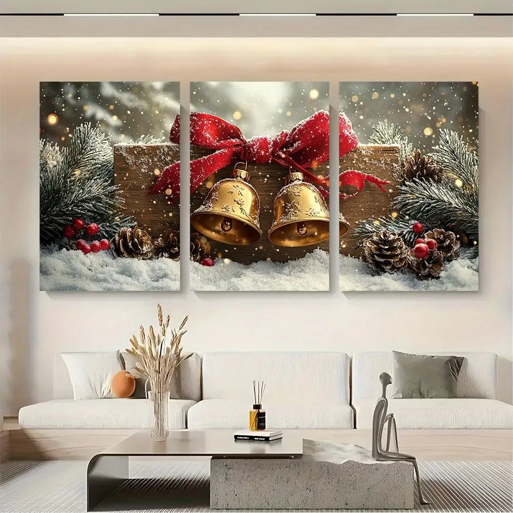 

Набор из 3 безрамных картин на холсте: Рождественские колокольчики, золотые колокольчики с красными бантиками, сосновые ветви. Элегантные праздничные украшения.