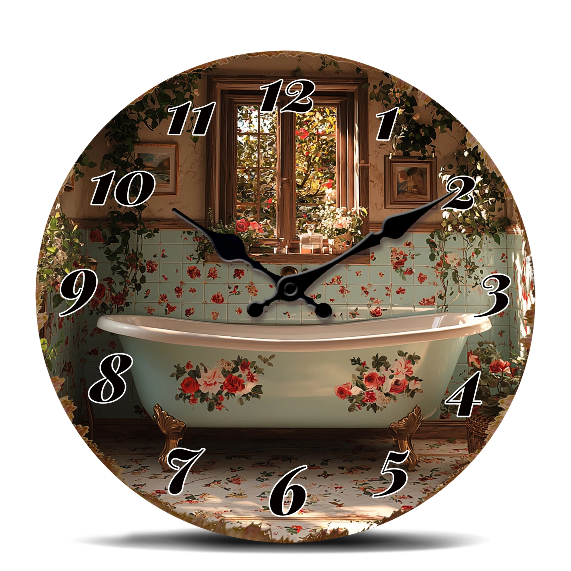 Runde Wanduhr im Vintage-Stil mit Rosen-Badewannenszene, Heimdekoration in Shabby-Chic, geräuschlose, nicht tickende Quarzuhr mit romantischem Blumenkunstwerk