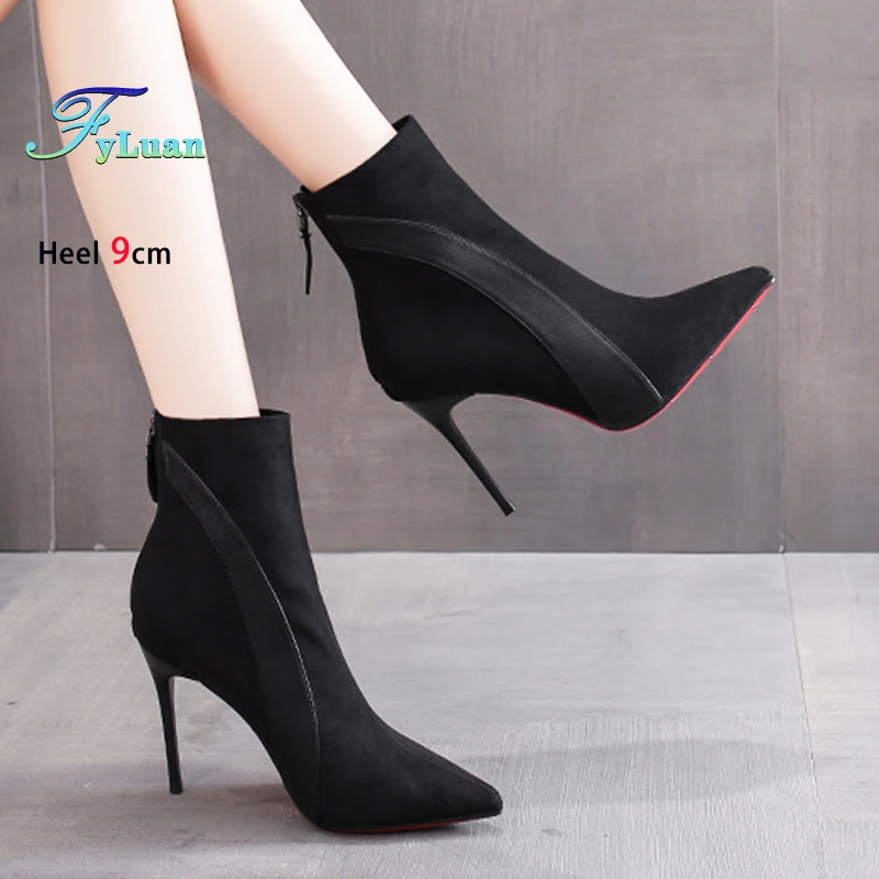 

Brand New Women Winter High Heels Ankle Boots Pointed Stiletto Back Zipper Elegant Shoes Fashion Suede 9CM Short Booties Female