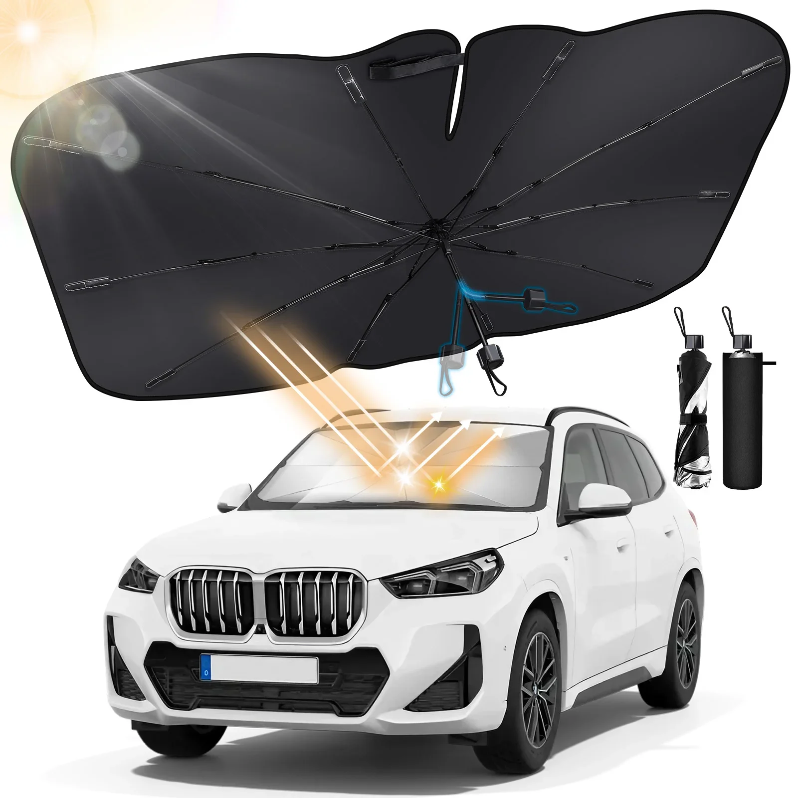 

Pro Car Windshield Sun Shade Umbrella, Foldable Sunshade Rotating Handle Silver Reflective Sun and Heat Shield Sturdy Frame