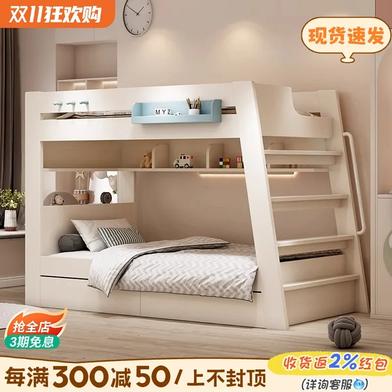 Second-floor upper and lower beds Children's beds Small shelf Simple small apartment high and low Bunk beds Boys and