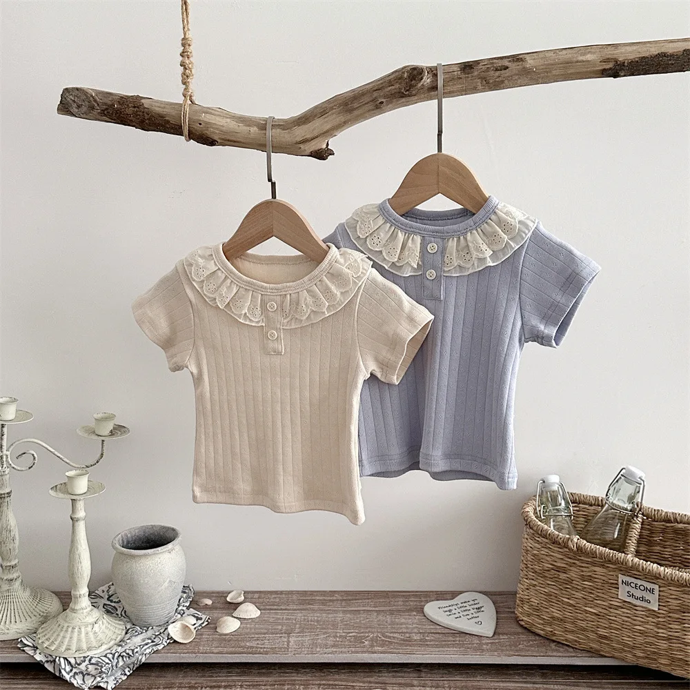 2026 Summer Casual Children T-shirt Beige Lace Ruffle Collar Short Sleeve Top For 6M-2Y Girls Breathable Cotton Kids Clothes