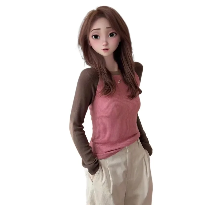 

Contrast Color Splicing Sweater for Women 2025 New Autumn Base Layer Korean Style Sweater Versatile Pullover