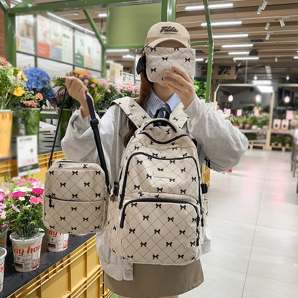 

Three Piece Set Japanese Ins Bow Backpack Corduroy Large Capacity College Style Backpack Versatile Commuting Backpack