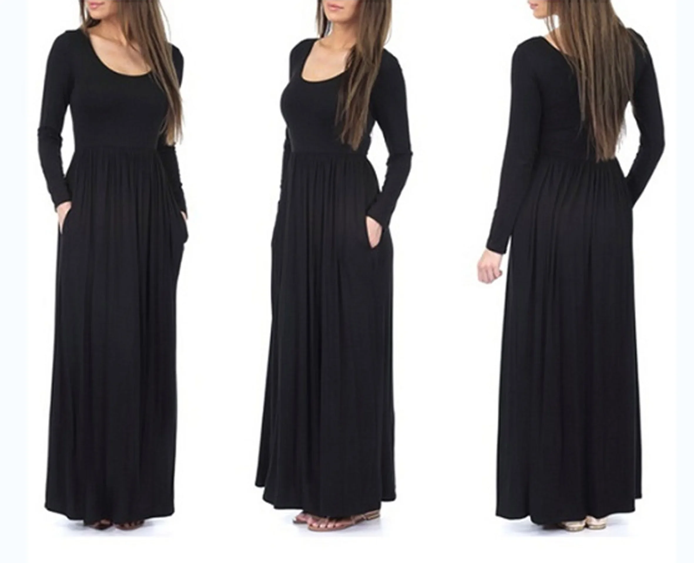 Donsignet Woman Dress Spring Autumn Casual Elegant Long-sleeved Round Neck Floor-Length Dresses for Women