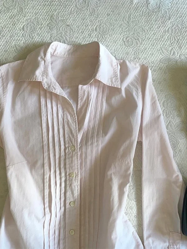 Originale retrò rosa lungo Sve irt f Sp ragazza versatile top dimagrante in cotone abbottonato Ne vestibilità regolare primavera 2025