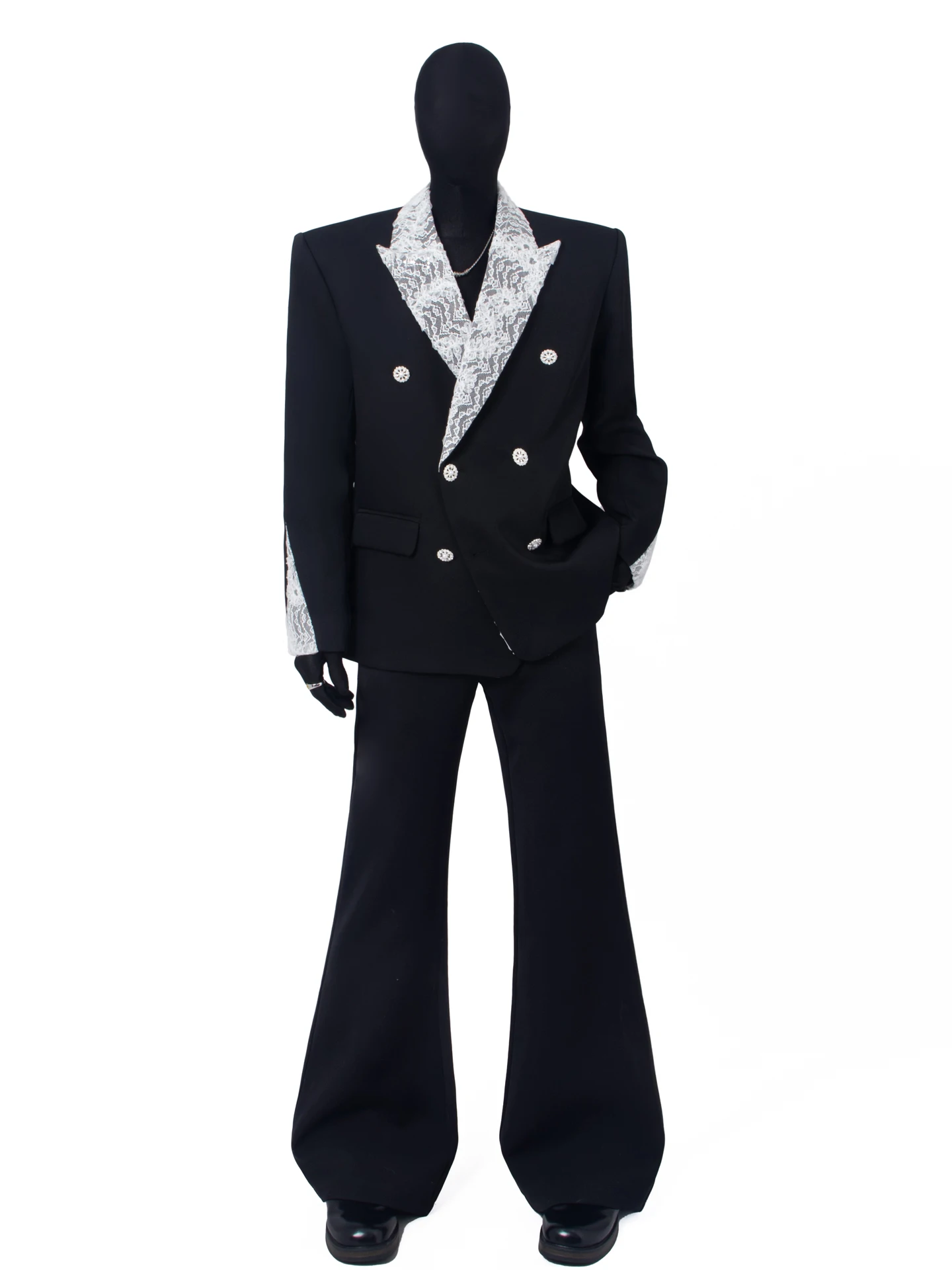 

Black Clothes High-End Lace Patchwork Double-Row Button Men's Loose Fit Fashionable Suit Jacket Standard Style Casual Scene