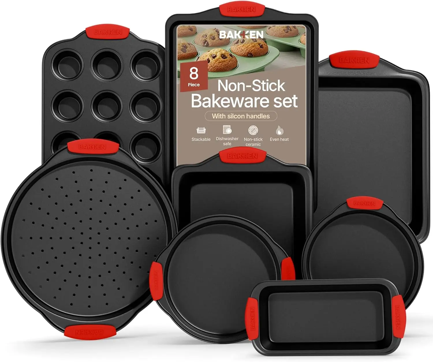 

8-Piece Non-Stick Bakeware Set with Red Handles - Carbon Steel, Oven Safe, Dishwasher Friendly