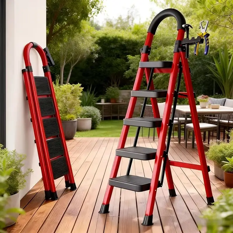 Heavy Duty 500 lbs Folding Step Ladder, Steel Step Stool with Wide Anti-Slip Pedals, Safety Lock and Handrails, Portable Multi P