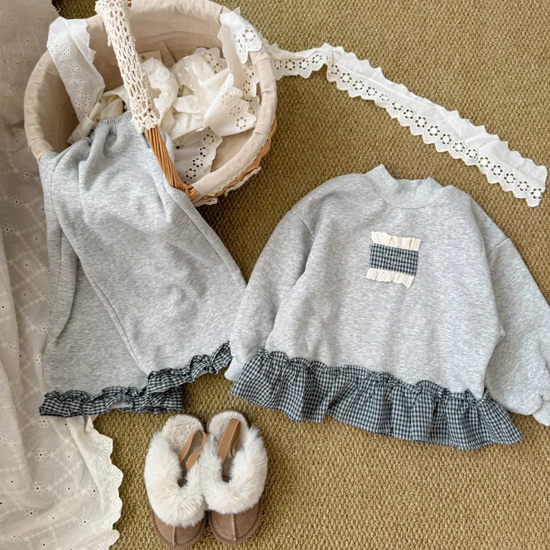 Set per bambini autunno/inverno 2025 Set di pantaloni sportivi con cappuccio in pile per nuove ragazze Addensare set per bambini caldi