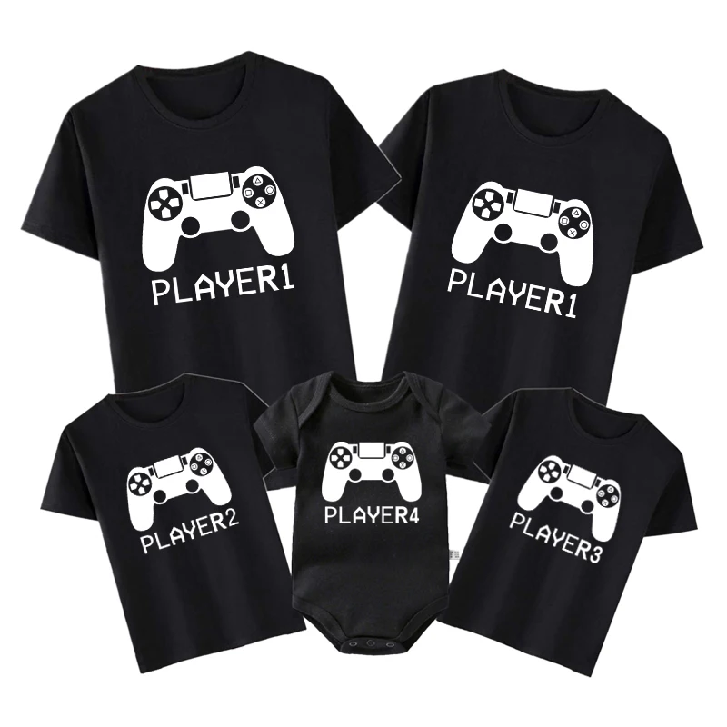 Player 1/2/3/4 Funny Father Daughter Son Family Look Shirt Cotton Short Sleeve Tee For Daddy Baby Romper Family Matching Clothes