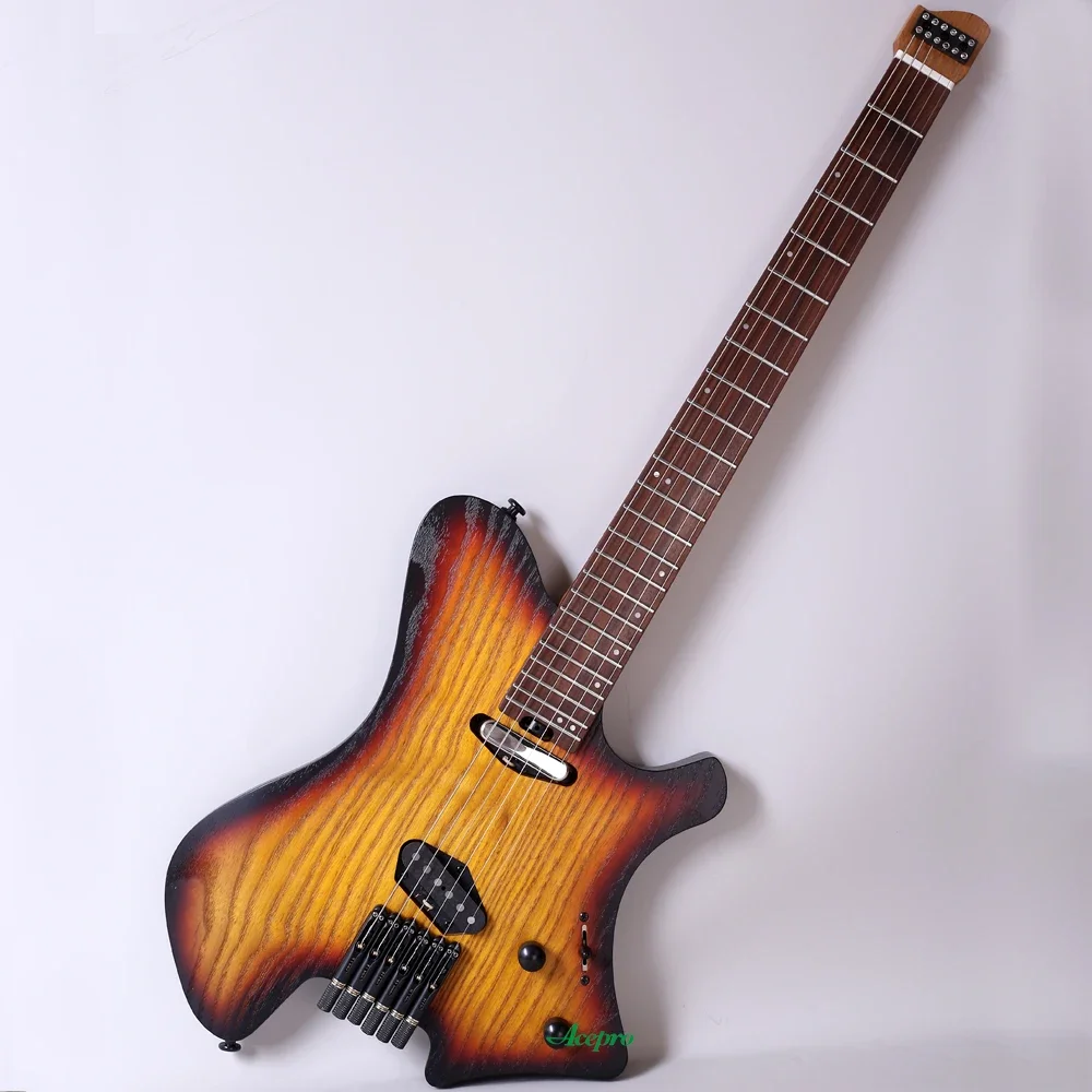 In Stock Acepro Upgraded Headless Electric Guitar 2 Single Pickups Vintage Sunburst Roasted Ash Body Jumbo Stainless Steel Frets