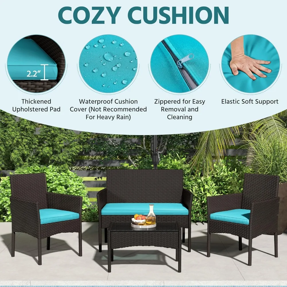Patio Furniture Set 4 Pieces Conversation Sets, Rattan Chair Wicker Set Loveseat with Soft Cushion and Glass Table forBackyard