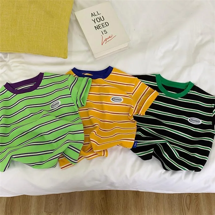 Soft and waxy bottoming shirt Boys' striped T Shirt summer 2022 new style blast street children's round collar short sleeve top