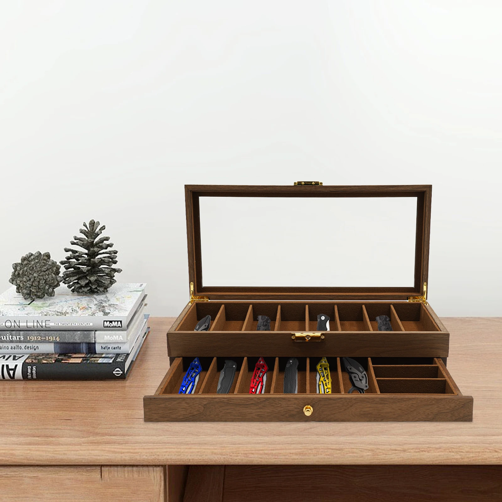 

2-уровневая витрина для ножей, винтажный ящик для хранения ножей из орехового дерева с замком и стеклянной крышкой, органайзер на 17 слотов для EDC, коллекция