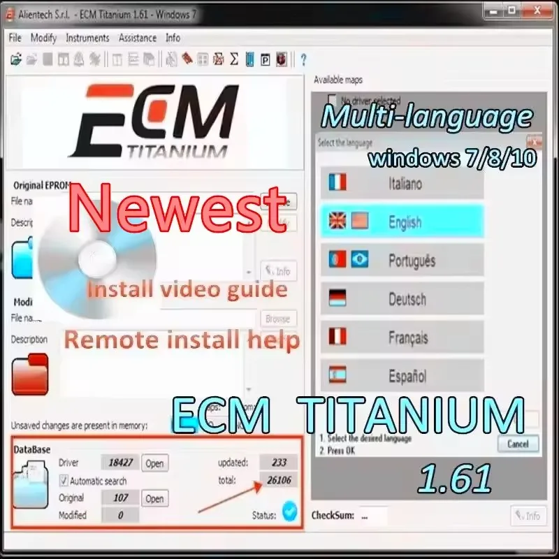 

ECM Titanium 1.61 2024 Release with 26,000+ Drivers Full ECU Tool with ECM 18,259+ Drivers Options for Link CD or USB Win 10