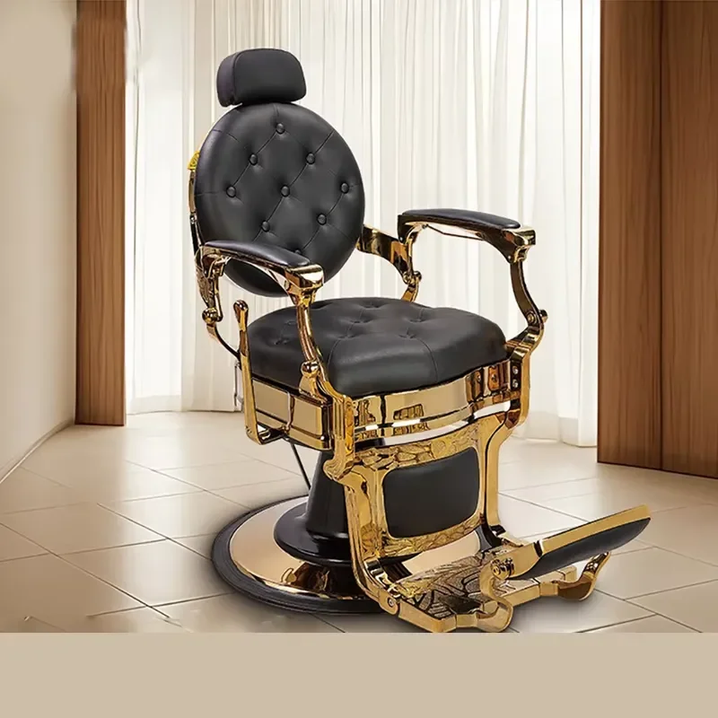 Modern black gold tufted leather ergonomic barber shop styling shaving chair professional hydraulic pump height adjustable