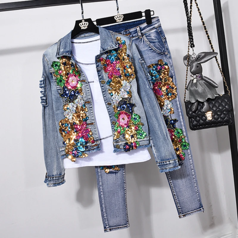 European Style Denim Suit Fashion Outfit Women New Flower Sequined Denim Jacket Short Jacket & Jeans Pants Two-Piece Set Female