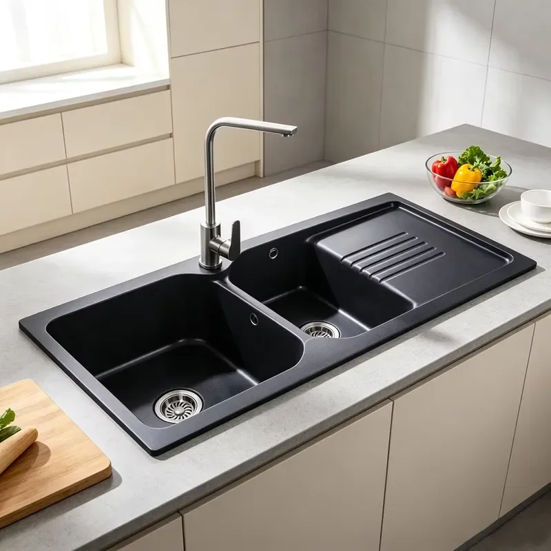 for Modern Deep Double Bowl Kitchen Sink Above Counter Mount Easy Clean Quartz Granite Composite Basin with Full Accessories Set