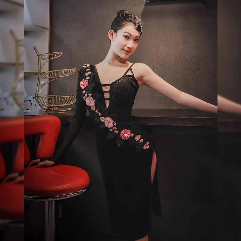 

Костюм для латинских танцев, бархатные черные платья, платье с вышивкой в китайском стиле и цветком, стандартное платье для латинских танцев