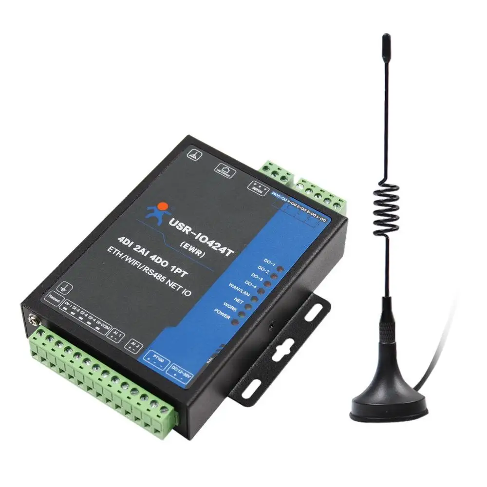 Controlador IO de red de 4 canales, USR-IO424T-EWR con WiFi y Ethernet, compatible con servidor Serial WAN/LAN RS485 de 4DI/4DO/2AI/1PT