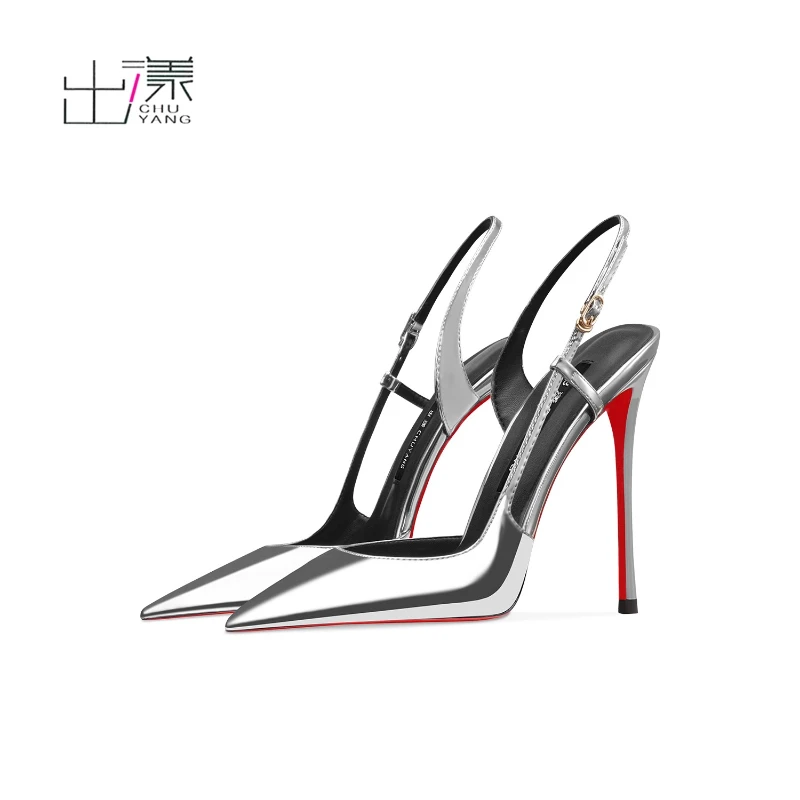 

Silver patent leather one-piece buckle high-heeled sandals with pointed edges and slim heels, stylish and stylish rear sole