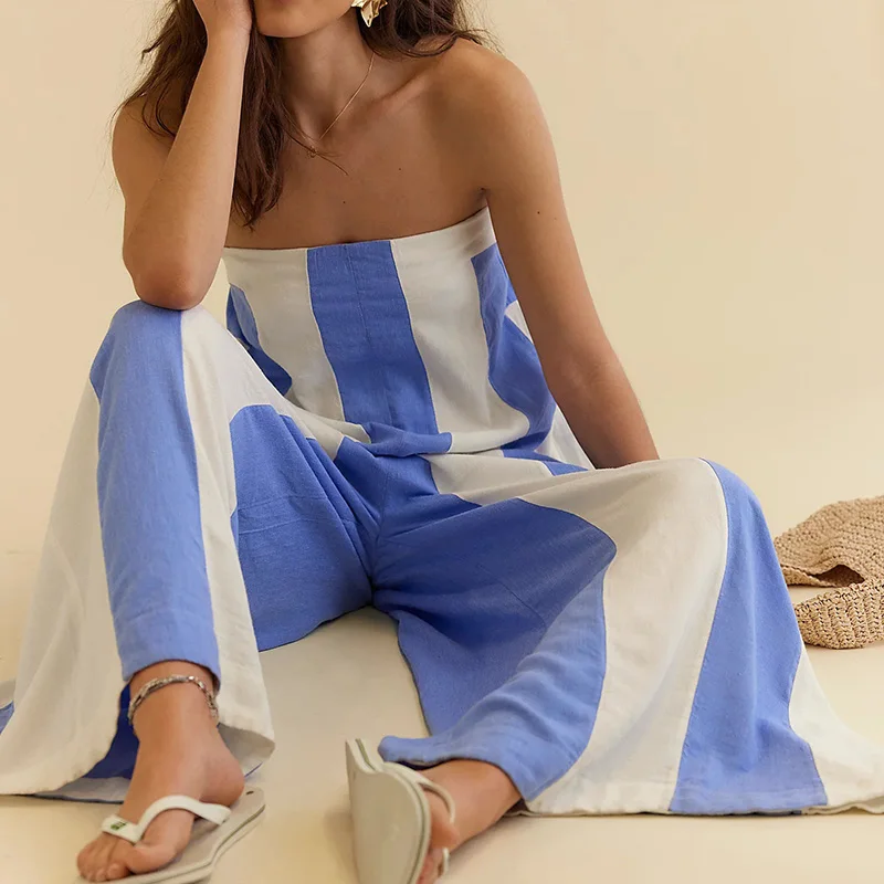 여성 섹시한 Strapless 민소매 긴 Romper 패션 Hight Street 느슨한 파티 Playsuit 우아한 줄무늬 인쇄 Wide Legger Jumpsuit