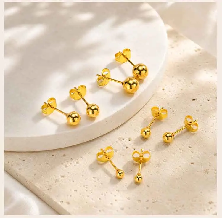 18K vergoldete Kugel-Ohrstecker für Damen, hypoallergene runde Edelstahl-Ohrringe, minimalistischer Alltagsschmuck – Detail 5