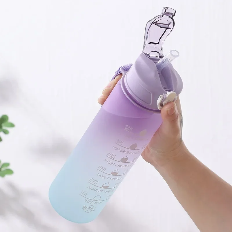 Conjunto de garrafas de água gradiente, 3 peças, 2000ml,800ml,300ml, portátil, à prova de vazamento, garrafa de água esportiva com marcador de tempo fitness ao ar livre