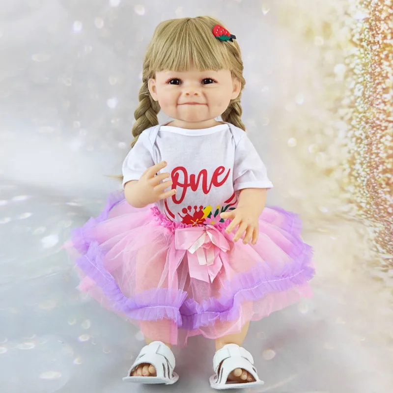 

55cm Blonde Hair Reborn Dolls Realistic Full Vinyl Baby Newborn Smiling Girl Doll Dress up doll Princess Toddler Toy Gift