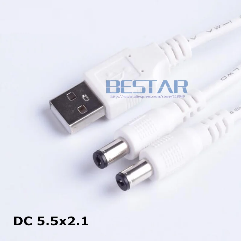 White 1 in 2 out USB to dual double 2 DC 5.5x2.1 5.5mm x 2.1mm 5.5 x 2.1 5.5/2.1 5.5*2.1mm Barrel Jack charging Power Cable 1m