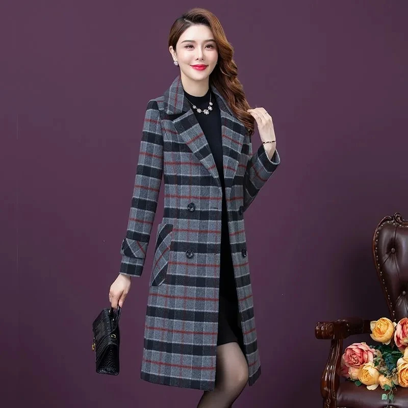 

Double-Sided Cashmere Coat Women's Windbreaker New Autumn Winter Long Double-Breasted Plaid Woolen Windbreaker Female Overcoat