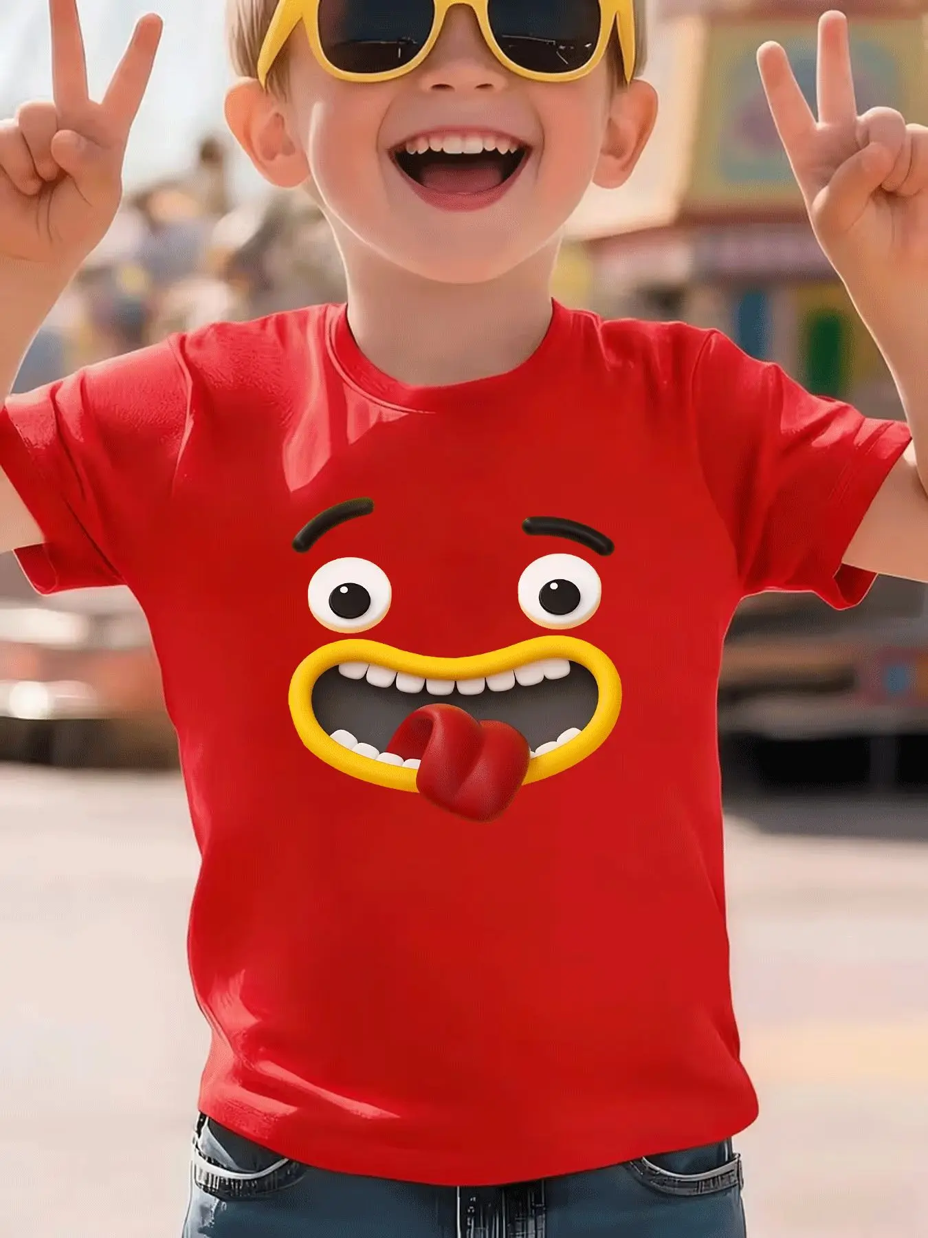 Children's Casual T-shirt with Fun Cartoon Face Print Holiday Gift Round Neck Parent-child Short Sleeved All Season Collection