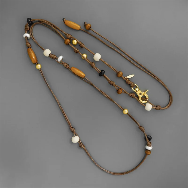 

Summer Orchard Wood Bead Agate Necklace for Women's Ethnic Style Handmade Weaving Simple Long Vintage Waist Chain Necklace