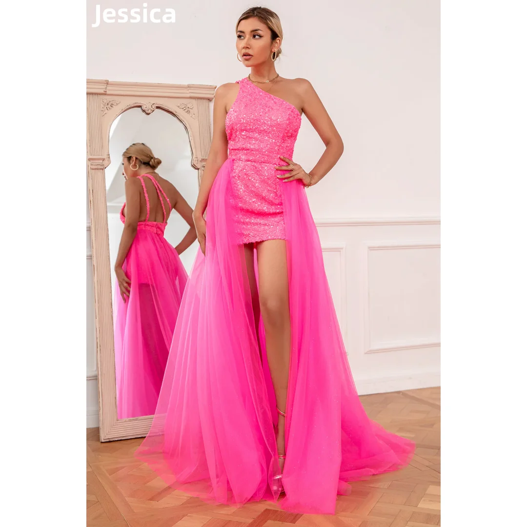 Jessica Pink Luxury Sequins Prom Dresses Mermaid Short Cloak Tulle Evening Dresses Sexy Backless Elegant Wedding Party Dress