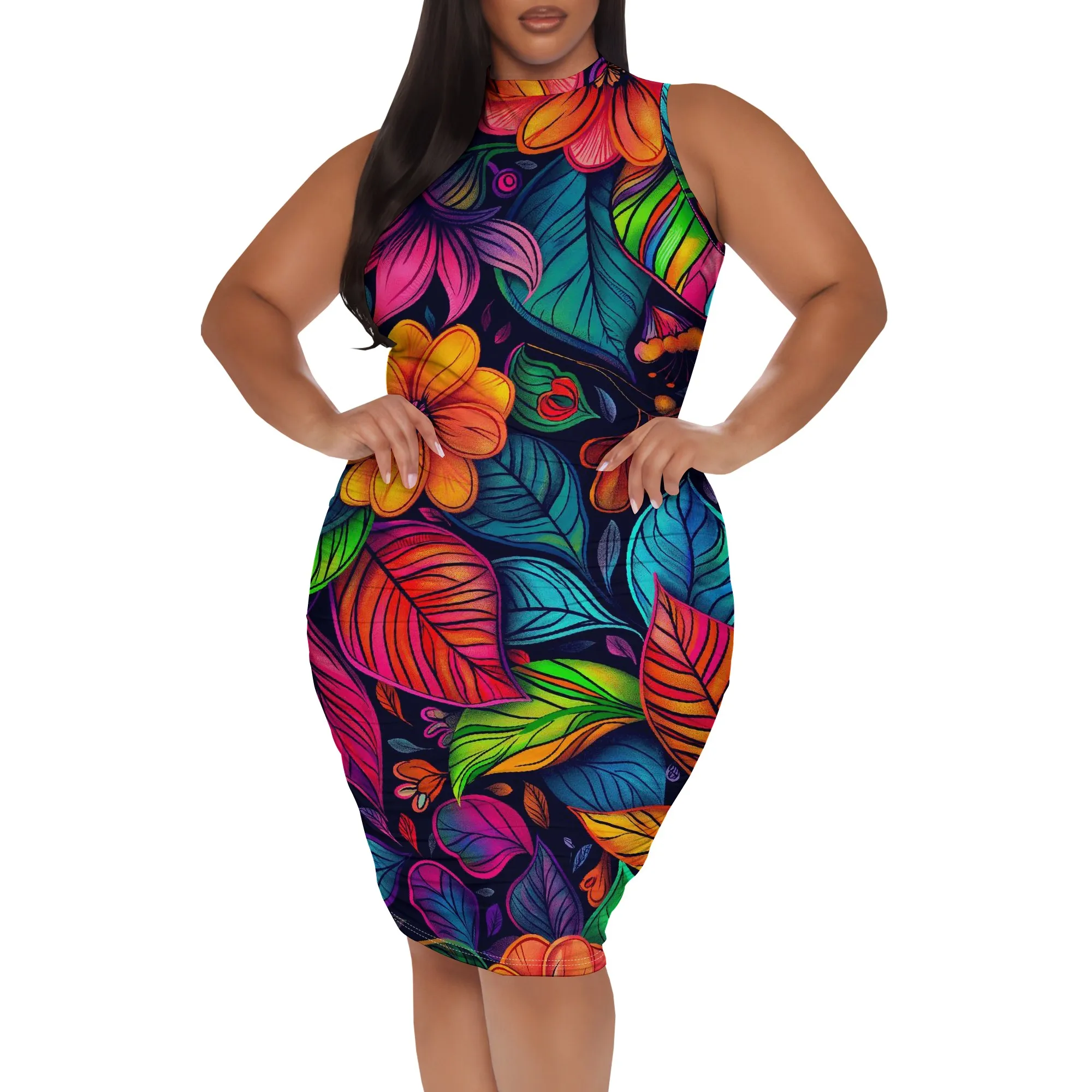 Plus Size Tropical Floral Bodycon Dress for Women XL-6XL High Neck Sleeveless Fit for Summer Vacation & Party