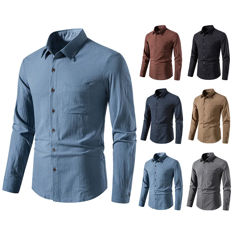 

Mens Autumn Solid Color Long Sleeve Shirt Cotton and Linen Button Shirts