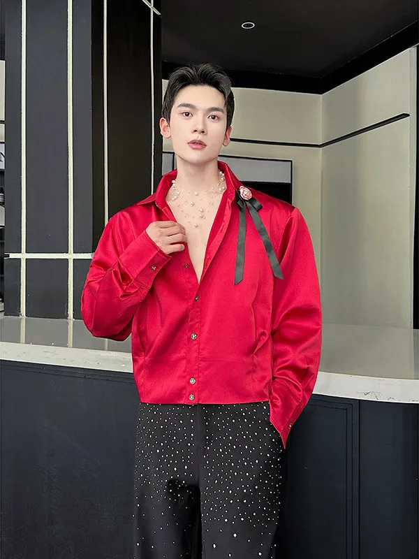 

Romantic High-End Feeling ort Satin Long Sve irt Flower Decoration Vintage Faionable Trendy Button-Up Cotton Wool Blend