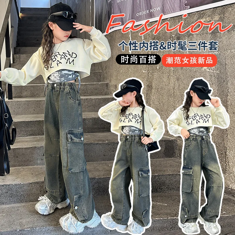 

Girls' Workwear Denim Pants and Hoodie 2-piece Set Big Kids Denim Set for Spring and Autumn Suitable for Ages 7-14 for Daily Wea