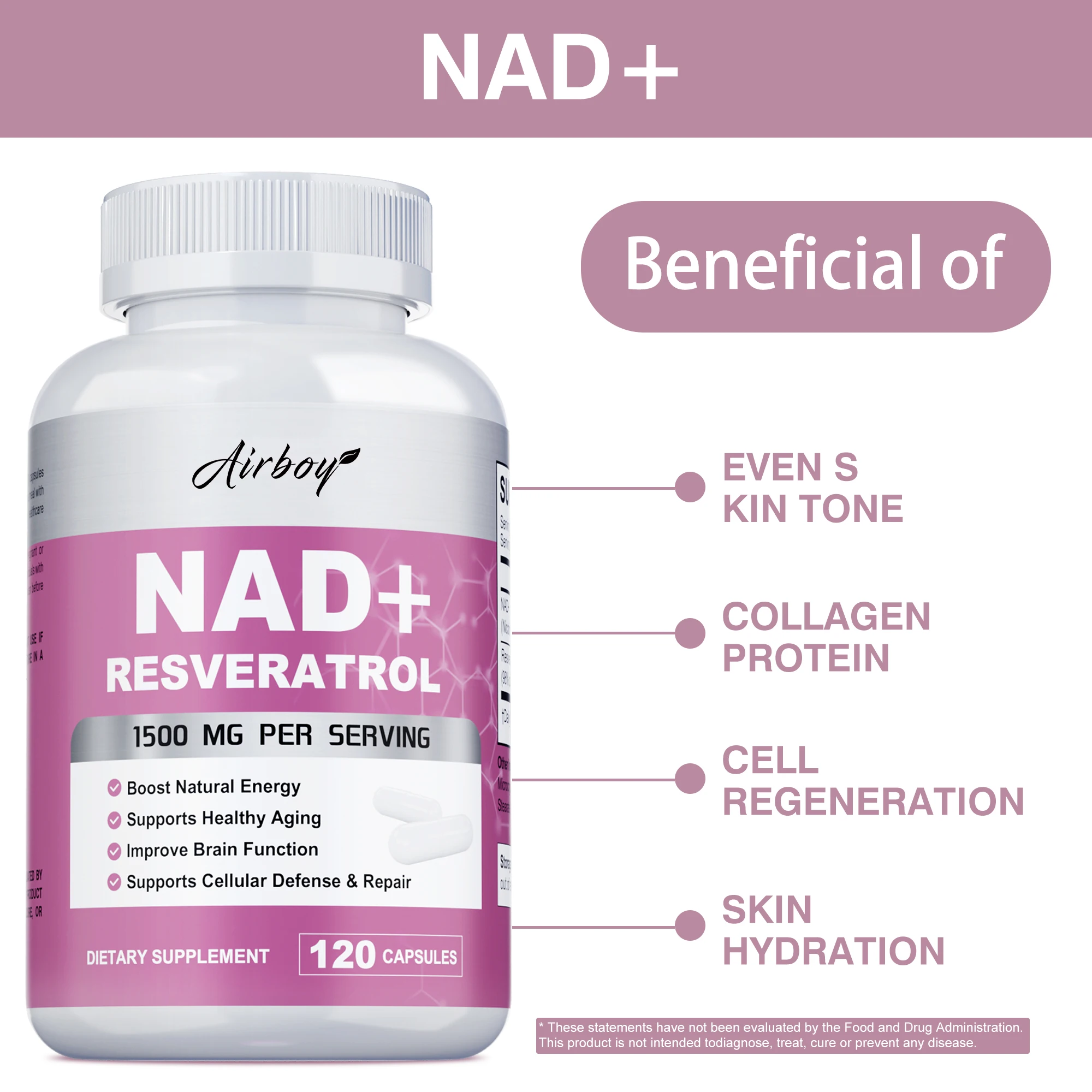 مكملات NAD+ ريسفيراترول - الطاقة الطبيعية، الصحة المضادة للشيخوخة والخلوية، تقوية الجهاز المناعي - 120 كبسولة ﻿